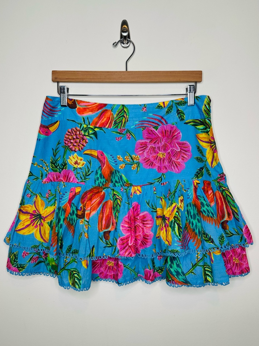 Farm Rio Blue Toucans Floral Tiered Mini Skirt Size Large Garden Tropical Summer - Picture 5 of 14